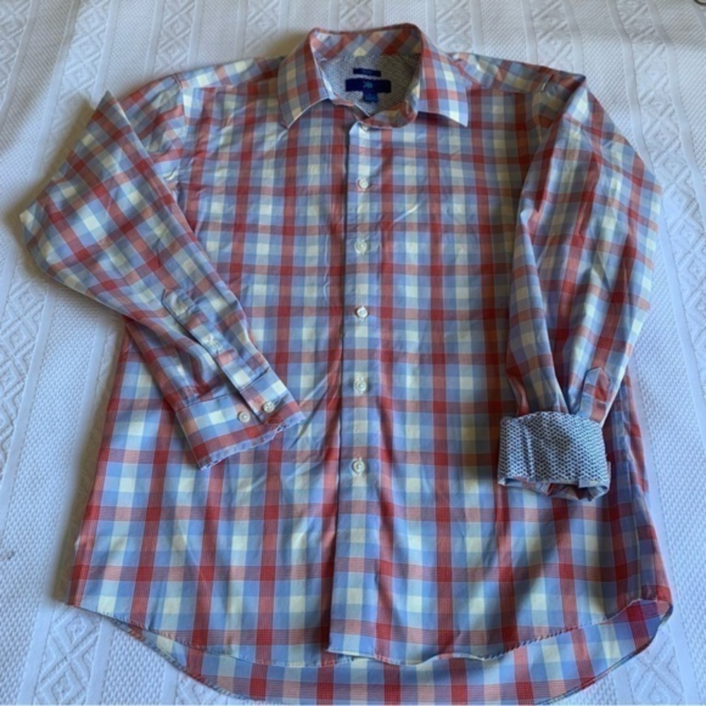Egara Men’s Button Down Long Sleeve Blue Cream and Orange Plaid Shirt Size Large - Picture 4 of 7